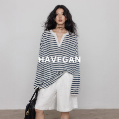与间HAVEGAN/设计感v领亚麻条纹长袖T恤女秋季防晒薄款度假风上衣
