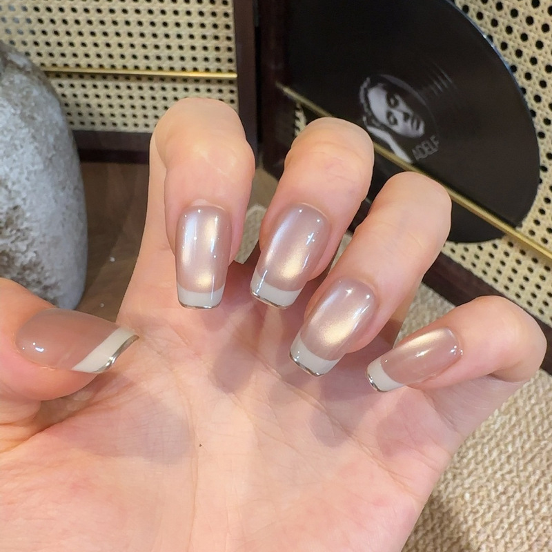 Glass Bead French Cat Eye Boutique Handmade Manicure Nail Patch Pure Handmade Wearable Nail Whitening Manicure