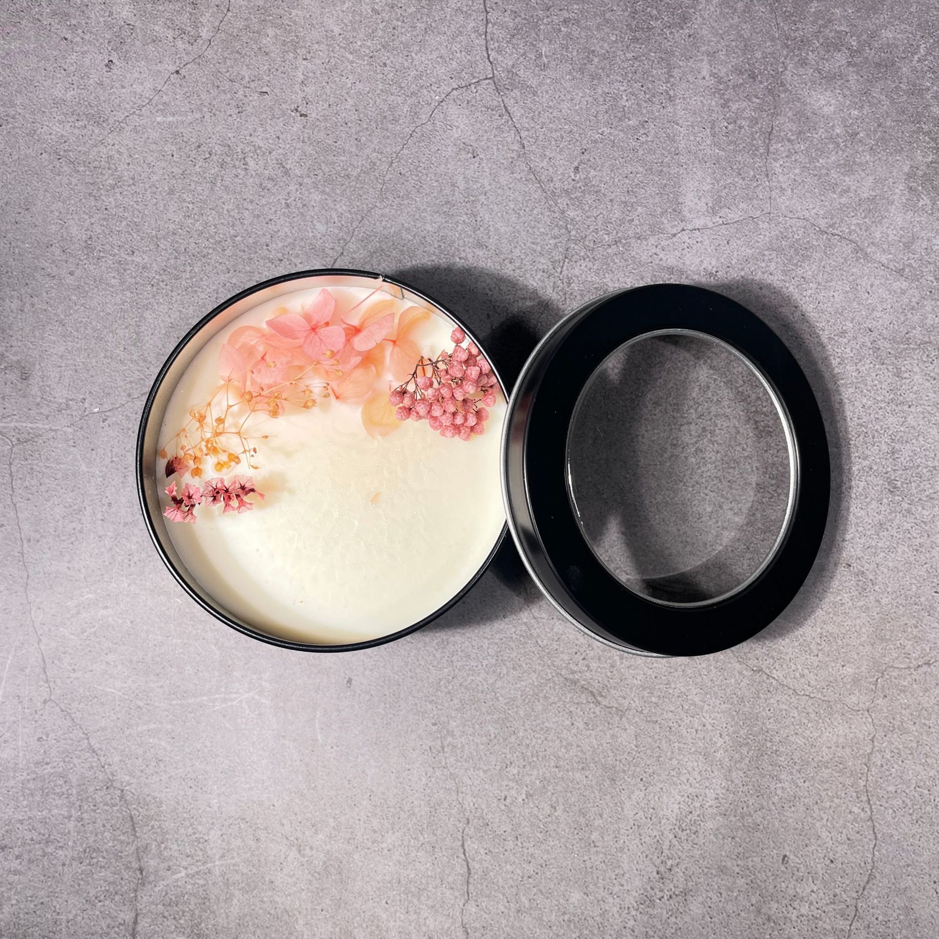 Flor seca de soja cera hojalata puede ventana creativa ins estilo Regalo Cumpleaños DIY bálsamo sólido aromaterapia vela