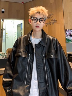 Men's Leather Jacket 2024 New Spring and Autumn Stylish Streetwear Loose Trendy American High Street Biker Pu Leather Jacket