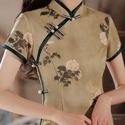 Retro Chinese Dress oriental Cheongsam for women yellow knitting jacquard cheongsam improved young with short sleeves