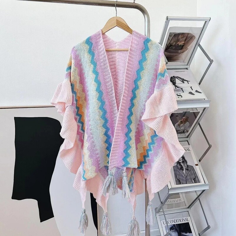 Yunnan Dali Lijiang tourism new color ruffled photo shawl vintage striped sweater ethnic cardigan cape