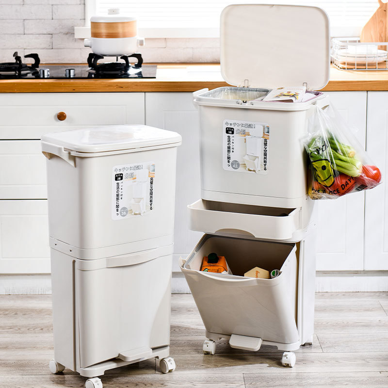 Japanese-Style Household Trash Can, Creative Design for Kitchen, Living Room, Bedroom, Large Size, Double-Layer/Three-Layer with Lid, Dry and Wet Separation Storage