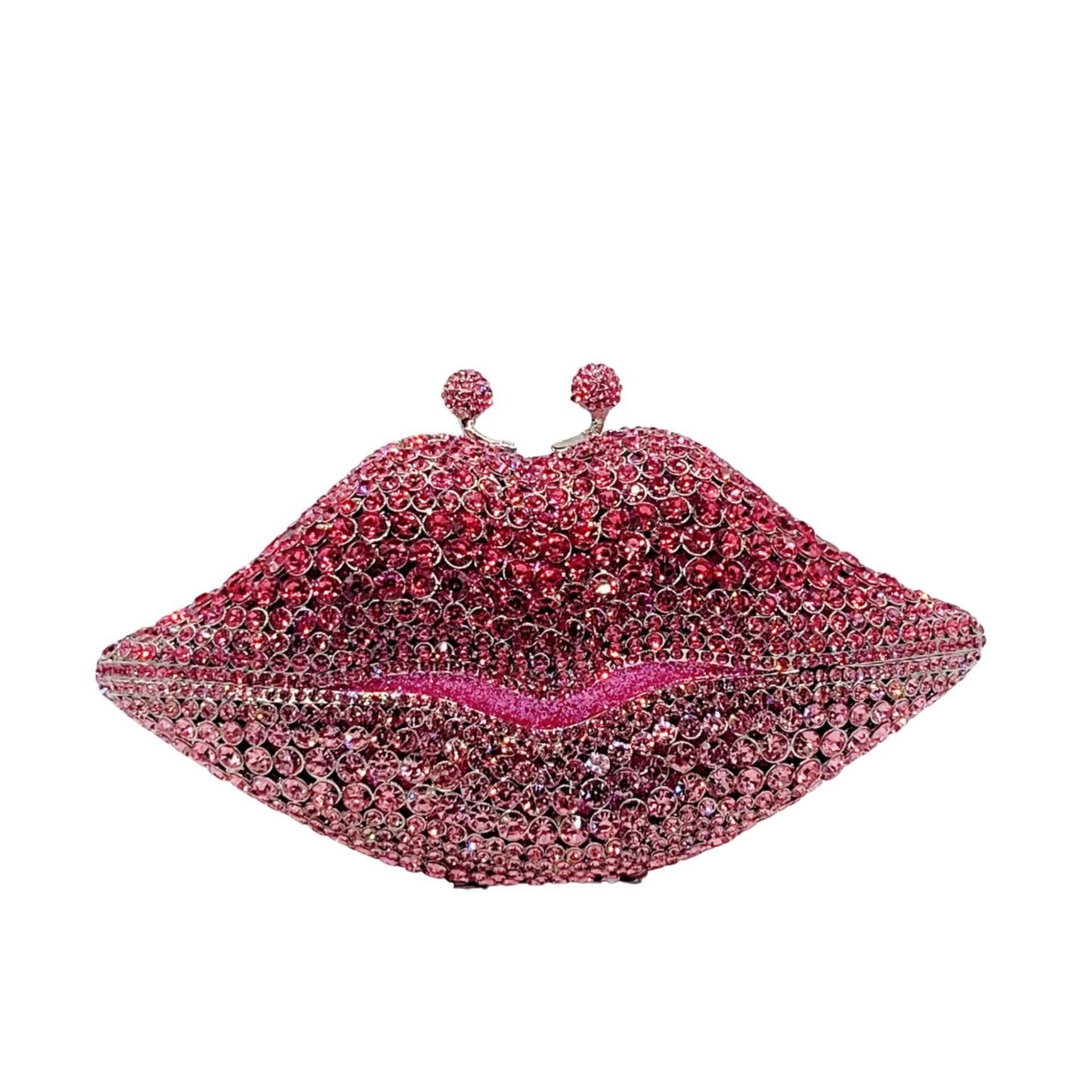 Túi clutch nữ đính đá dạ hội viền môi kim loại — màu đỏ đậm, Màu đỏ, Màu xanh lá, Màu xanh lam chi tiết 10