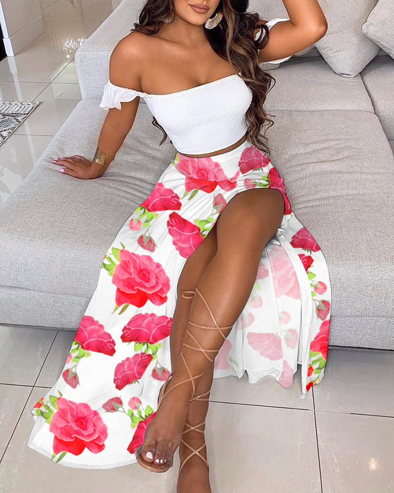 2022 European And American Summer Slim-Fit French Bohemian Print Mid-Length Vintage Strapless Dress Set For Women_ecoleips.com