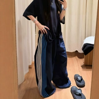 运动风撞色侧边条纹阔腿裤男女轻薄速干宽松休闲慵懒风爵士舞裤夏