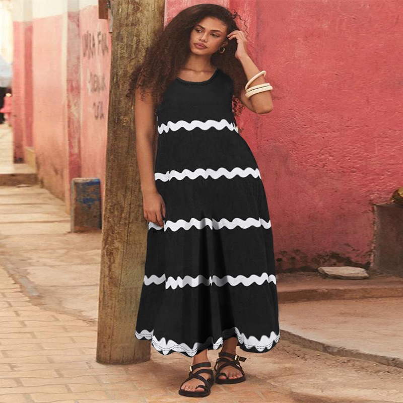 Plus size dames jurk mouwloos met spaghettibandjes gestreept_voghion.com