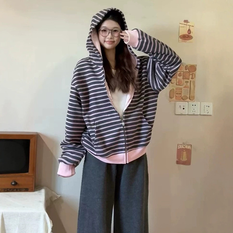 Casual striped hooded zip-up sweatshirt for women, 2026 spring and autumn new style, loose and versatile, age-reducing jacket