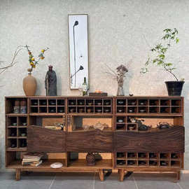 中式餐边柜老榆木侘寂风实木茶柜复古置物架做旧博古架茶室置物架