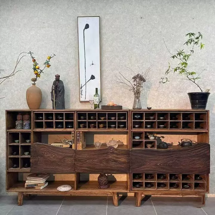 中式餐边柜老榆木侘寂风实木茶柜复古置物架做旧博古架茶室置物架
