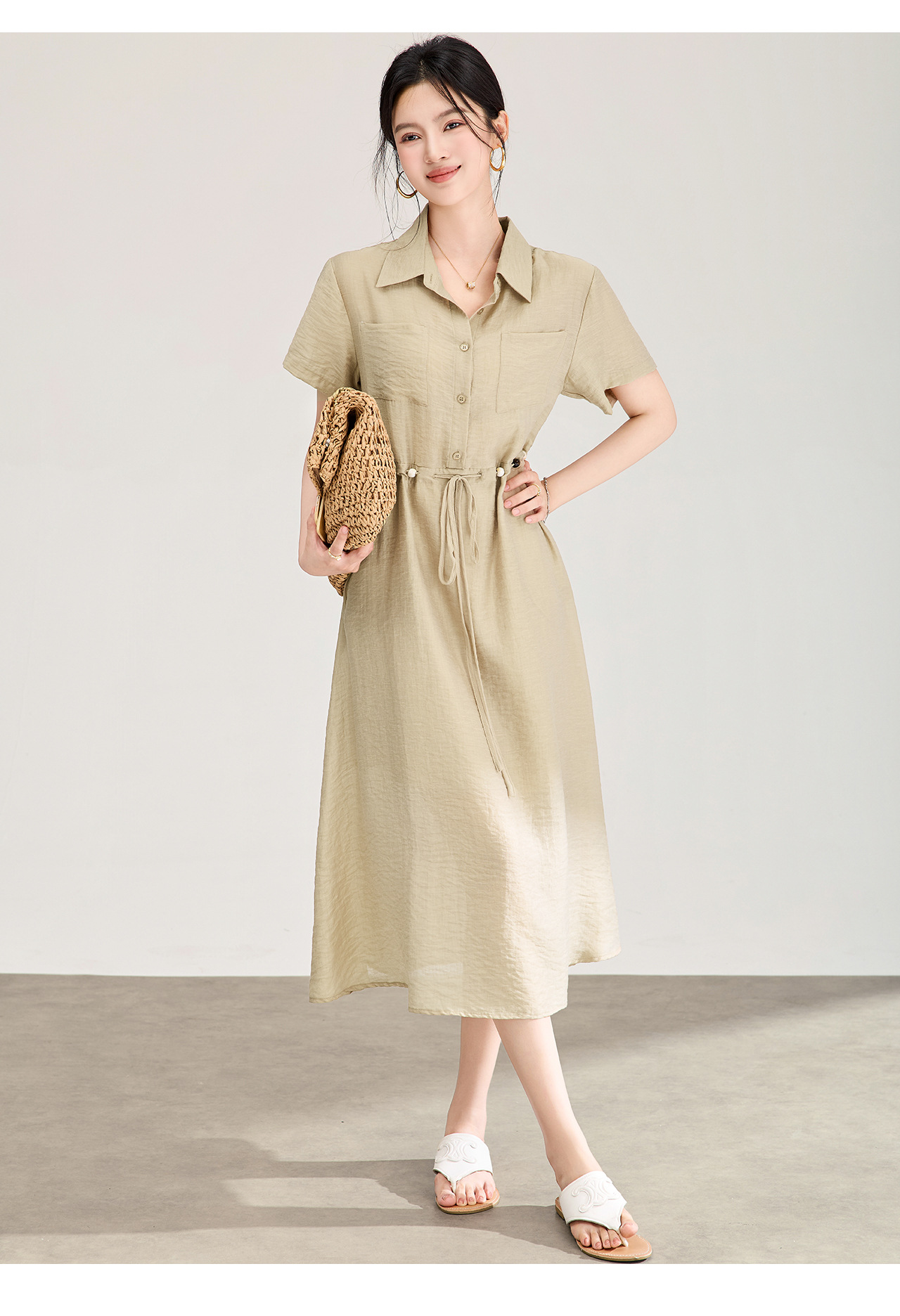 Đầm sơ mi nữ dáng suông chất liệu linen phối cườm nhẹ — màu xanh navy chi tiết 17