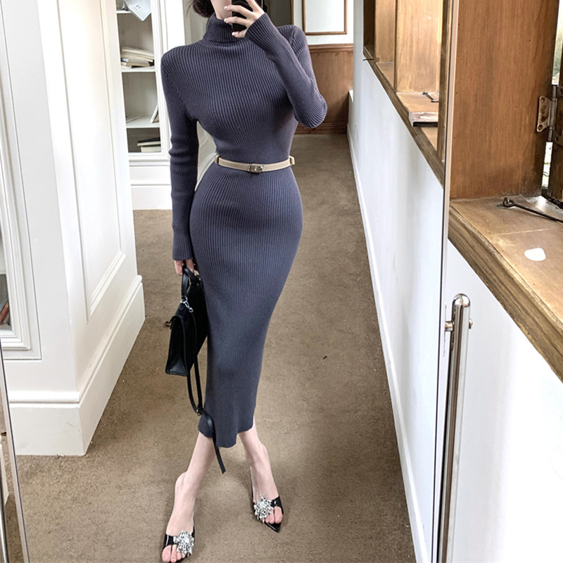 Foreign Trade High-Neck Slit Knitted Skirt for Women 2025 Elegant New Style Belted Long-Sleeved Skirt for Women Autum Dress