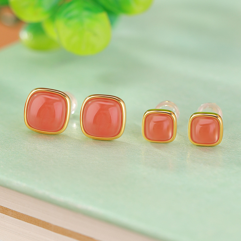 Bông tai bạc S925 mạ vàng hồng hình vuông đính đá kim cương phong cách retro — Kiểu cỡ nhỏ
