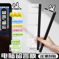 パソコンの横のメッセージボードのサイドに付箋のラベルを挟んで、ボードのデスクの横のディスプレイのスクリーンの側面のメモを貼ります。