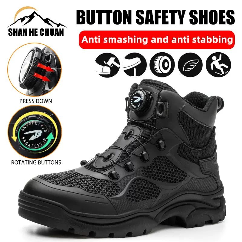 劳保鞋防砸防刺穿新款跨境高帮工作靴懒人纽扣安全鞋safety shoes