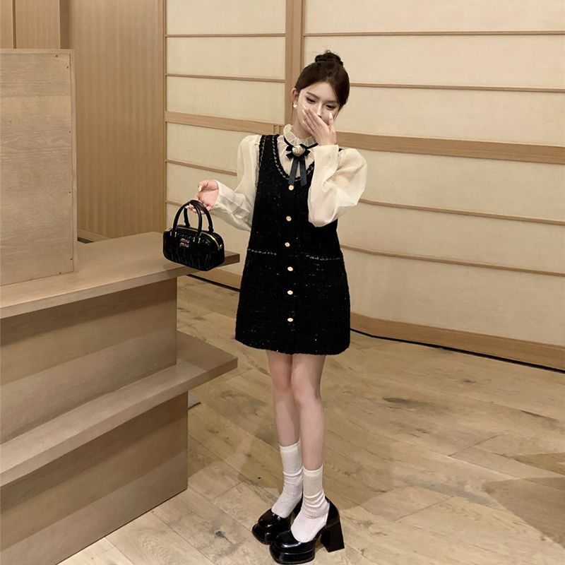 小香风套装秋冬呢子小个子气质百搭衬衫背带连衣裙两件套绵羊绒