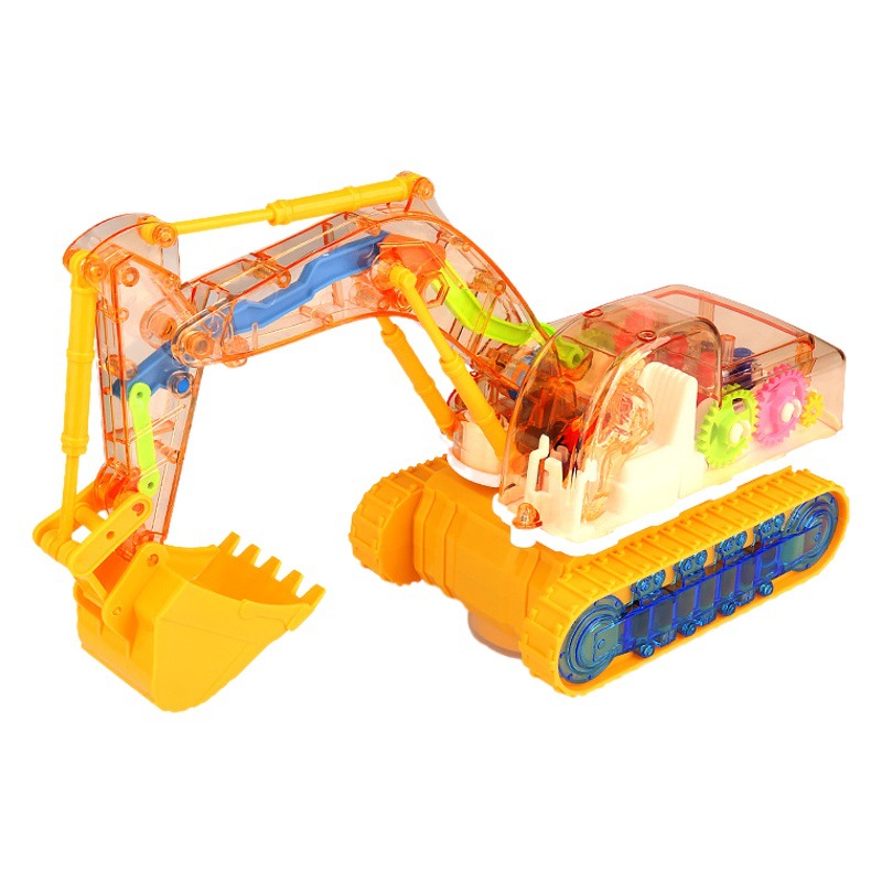 Tiktok same Electric Universal transparent mechanical gear excavator colorful light music engineering vehicle model toy