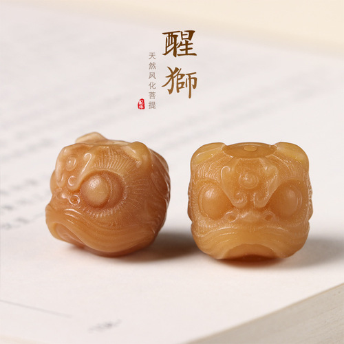 Original natural weathered yellow sandalwood root carvings of a Chinese lion accessory, single piece handmade DIY pendant spacer beads scatter beads decoration