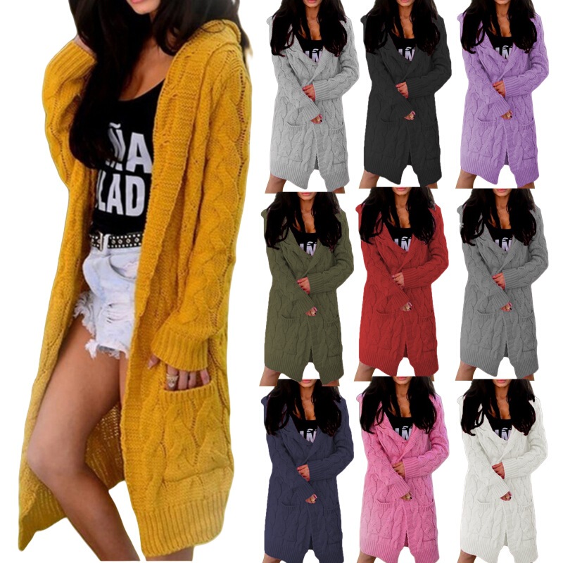 Cross-Border New European and American Style Hooded Cardigan Knit Sweater Amazon Solid Color Cable Knit Pocket Cardigan Jacket Cross-Border New European and American Style Hooded Cardigan Knit Sweater Amazon Solid Color Cable Knit Pocket Cardigan Jacket
