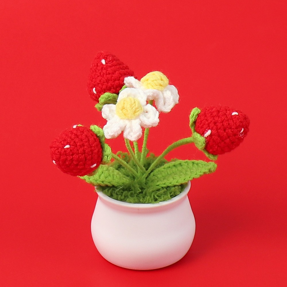 Fresas de lana terminadas (3 cabezas y 2 flores) pequeñas macetas