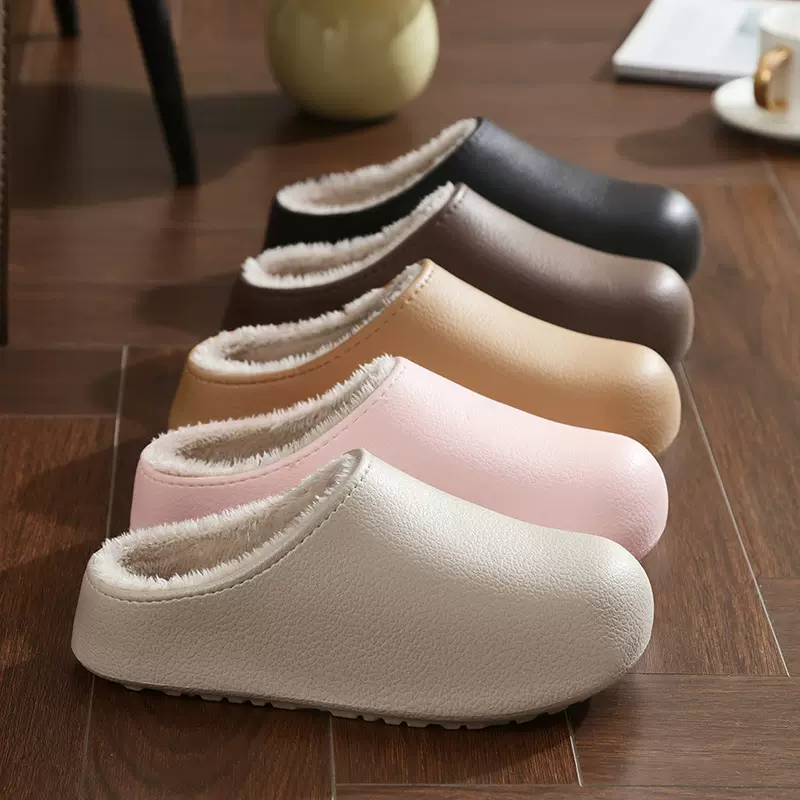 简约纯色防水棉拖秋冬居家外穿两用加绒拖鞋男女同款厚底保暖棉鞋