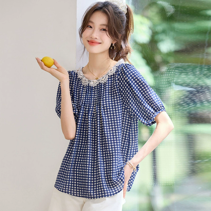 2025 новая летняя мода универсальная свободная рубашка с круглым вырезом и короткими рукавами в клетку из шифона женская кружевная тонкая майка