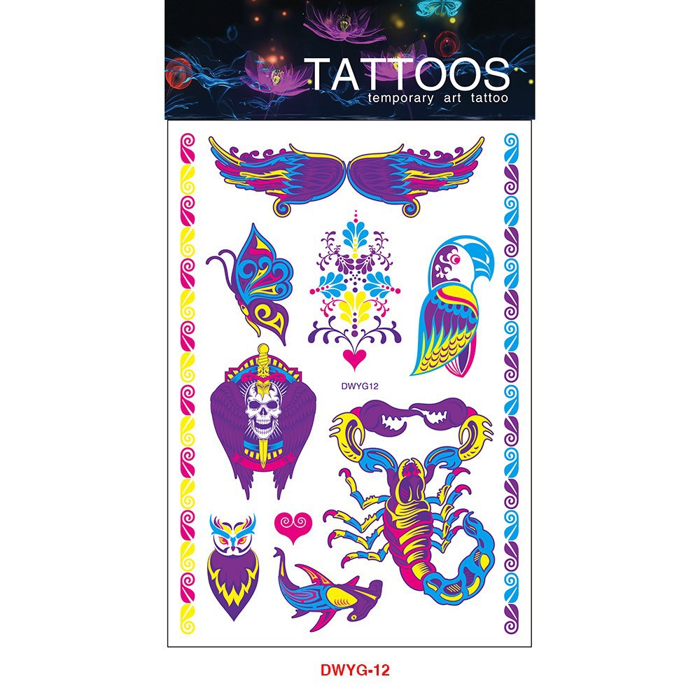 Tatuajes Temporales Fluorescentes para Brazo de Papel de Transferencia de Agua, Impermeable para Halloween