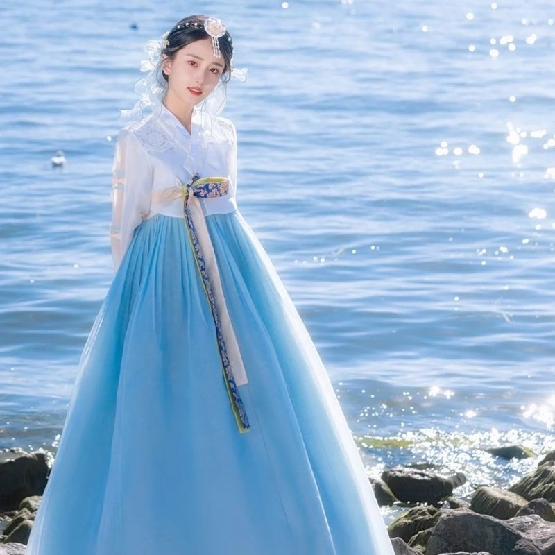 超人気延吉旅行写真雲南麗江旅行写真韓服ブルーガーゼスカート女性韓服宮殿ドレス韓服スーパーフェアリー|undefined