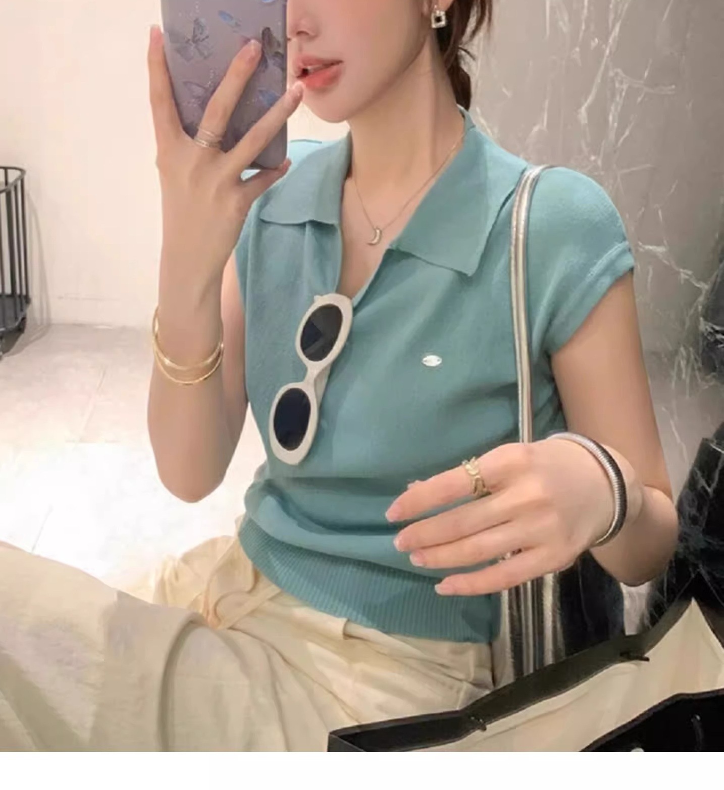 Áo polo nữ ngắn tay cổ bẻ chất liệu linen pha sợi dệt kim — màu đen chi tiết 20