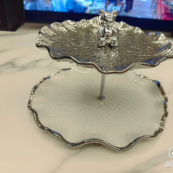 New Year Double Layer Fruit Plate Gray + Silver (Large Double Layer)