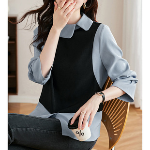 Age-reducing Contrast Color Doll Collar Small Shirt 24 Years Spring New Japanese and Korean Style Small Stitching Horn Sleeve Women's Shirt