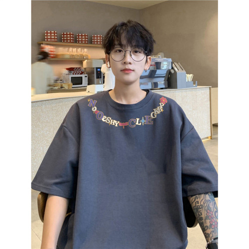 Letter Print Necklace Short Sleeve Men's Summer Streetwear Cool Bad Boy Style Street Ruling White T-Shirt Heavyweight Stiff American Half Sleeve