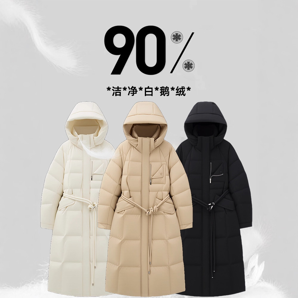 무릎 겨울에 90 구스 다운 원피스 두꺼운 긴 다운 재킷 긴 후드 여성 웨이스트 재킷 새로운