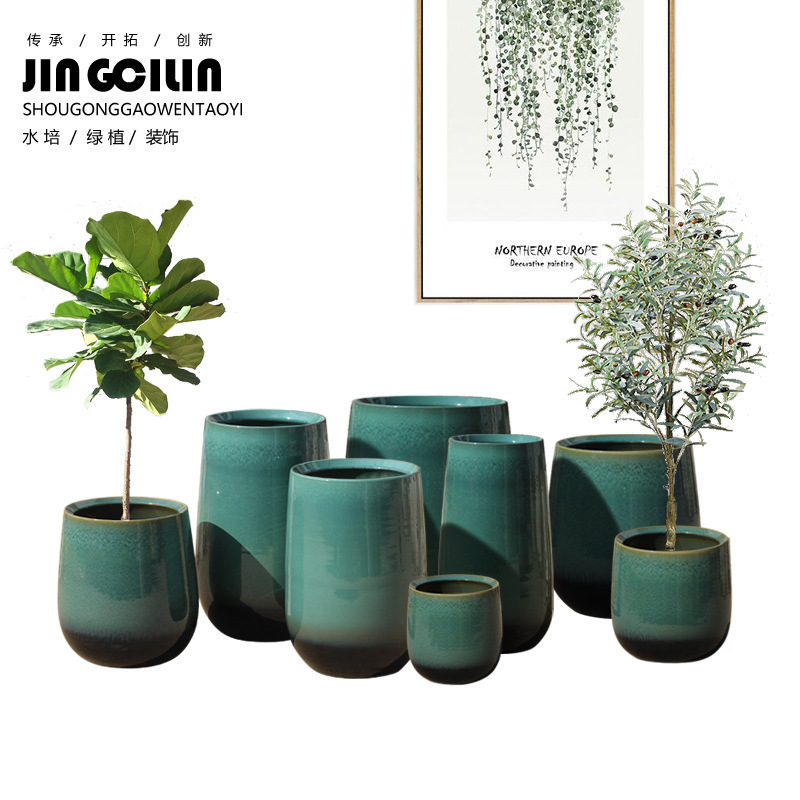 북유럽 현대 간단한 Jingdezhen 바닥 녹색 식물 꽃 냄비 실내 장식 식물 큰 직경 세라믹 꽃병 장식품