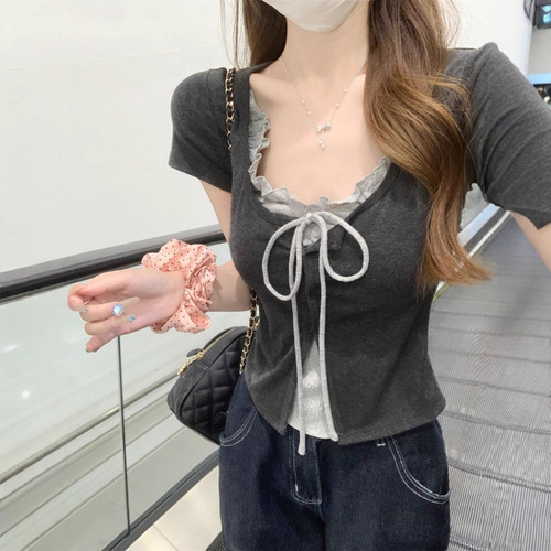 Korean Pure Desire Color Block Collar Strap Pseudo Two-Piece Sleeveless Top for Women Summer Unique Design Short-Sleeve Versatile Blouse