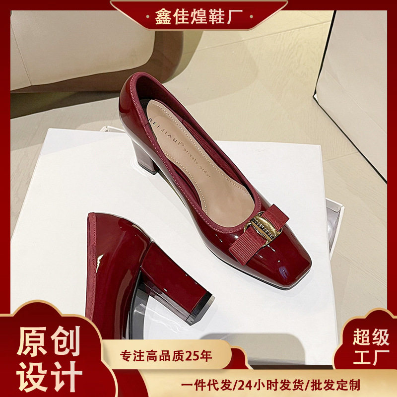 Giày Mary Jane nữ cao gót gót thô mũi vuông thắt nơ, miệng nông, gót 6–8 cm — rượu vang đỏ, đen