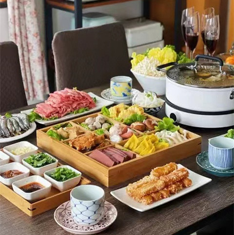 Bambú madera jiugongge bandeja vajilla olla caliente ingredientes lado plato caja celosía 9 Palacio rejilla plato cena plato