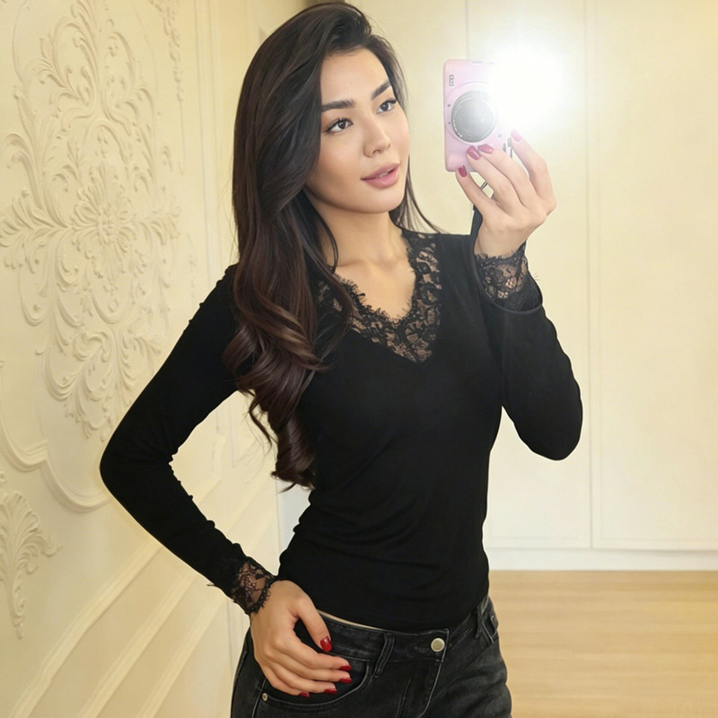 Purely Sensual New V-Neck Lace Trim Long-Sleeve T-Shirt for Women, Spring and Autumn, Slim-Fit, Flattering Base Shirt for Trendy Women Purely Sensual New V-Neck Lace Trim Long-Sleeve T-Shirt for Women, Spring and Autumn, Slim-Fit, Flattering Base Shirt for Trendy Women