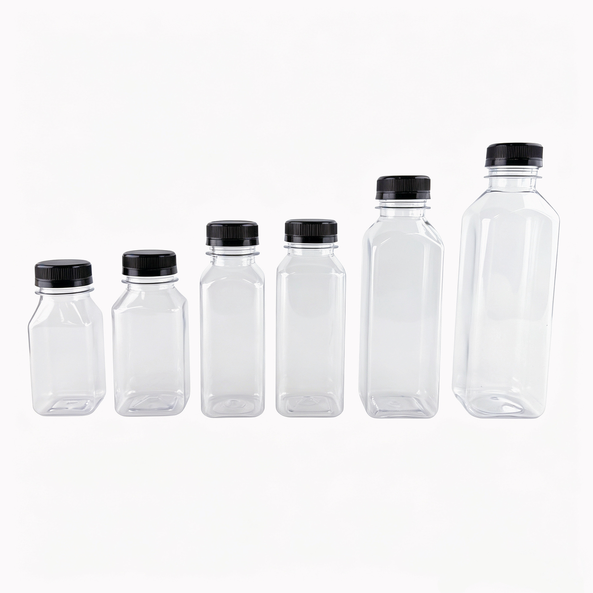 Botellas cuadradas de plástico transparente para jugo y té con leche, paquete de 38 unidades, en stock del fabricante, éxito de ventas en Amazon, múltiples capacidades.