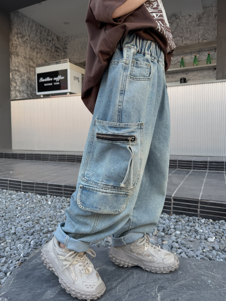 A502 Boys Denim Pocket Zipper Workwear Wide Leg Pants New Children's Miscellaneous European And American Jeans_voghion.com