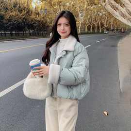 蓝色短款小个子羊羔毛拼接羽绒服女冬2025新款加厚减龄白鸭绒外套