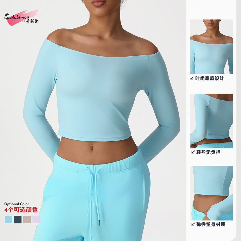 ヨーロッパとアメリカのクロスボーダー skims ヨガウェア長袖ワンショルダートップ長袖 Tシャツ高弾性フィットネススポーツボディシェイピング Tシャツ|undefined