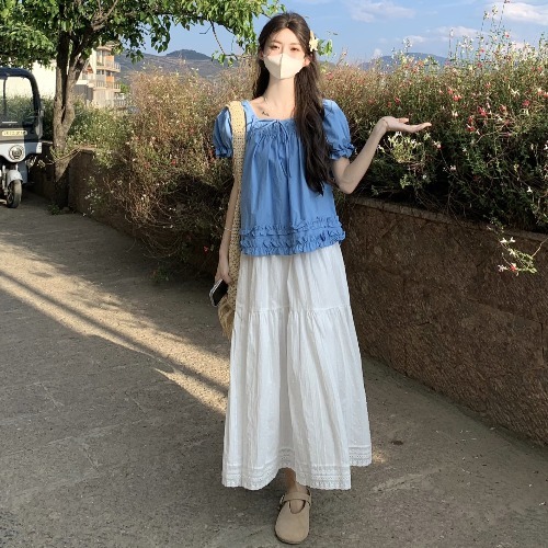 克莱因蓝色棉麻短袖小上衣女夏2025新款多巴胺套装法式娃娃衫T恤|undefined