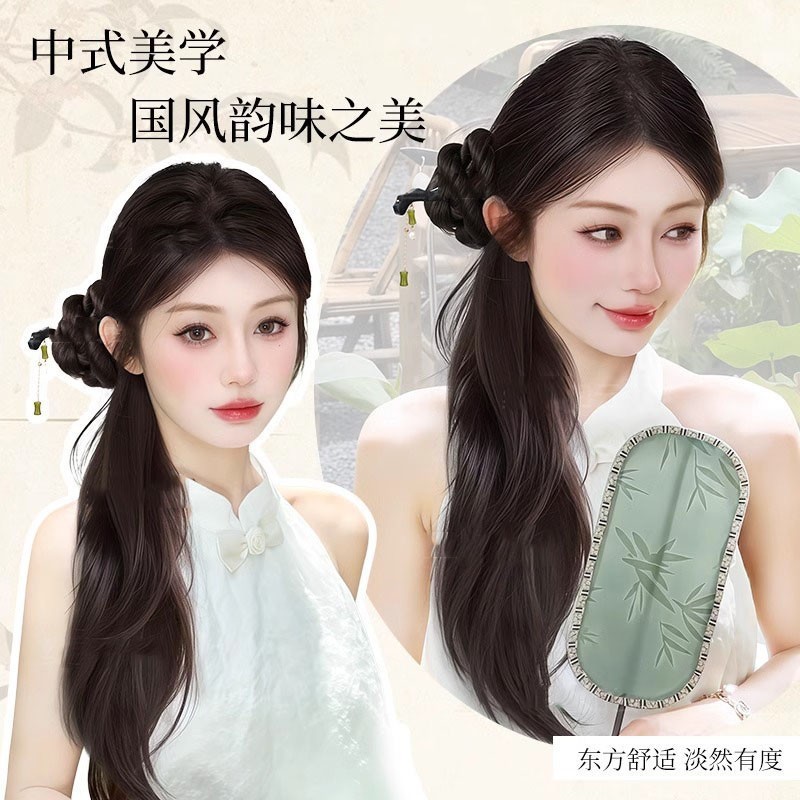新中式假发辫子马尾假发抓夹仿真发古风汉服旗袍假发微卷侧边马尾|undefined