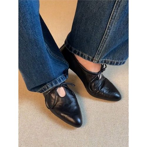 Soft Leather French Pointed Toe Women's Low Heel Witch Shoes Comfort Niche Ballet Flats Summer