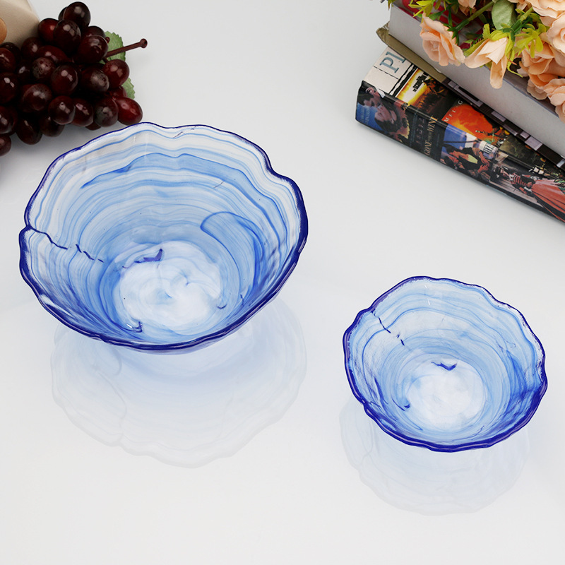 Sea Blue Glass Plate with Irregular Cloud Pattern, Pink Glass Bowl, Dessert Bowl, Breakfast Plate, Breakfast Bowl, Round Cloud-Like Texture