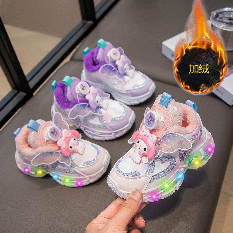 Новые осенне-зимние детские спортивные туфли для девочек 2024 года: светящиеся, плюшевые, дышащие, с вращающейся кнопкой и подсветкой