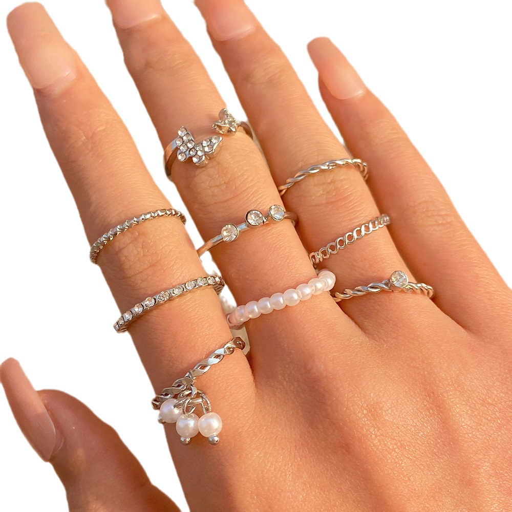 XP17 European And American Foreign Trade Micro-inlaid Zircon Butterfly Ins Pearl Women's Niche Knuckle Ring Set 9_voghion.com