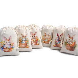 跨境复活节棉布袋兔子耳朵彩蛋抽绳糖果袋HAPPY EASTER棉布袋