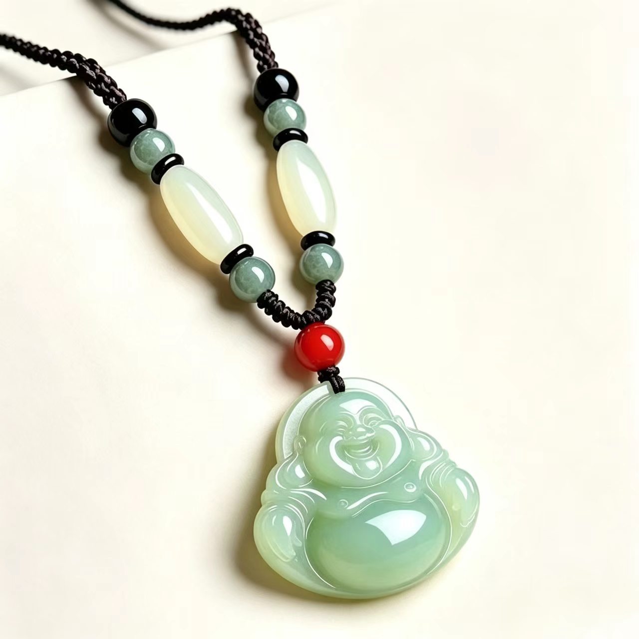 Imitation Hetian jade Maitreya Buddha pendant necklace, unisex, Chinese-style jade pendant, smiling Buddha sweater chain